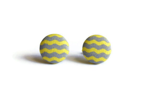 Yellow and Gray Fun Squiggle Print Fabric Covered Button Earrings