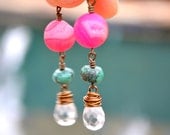 OOAK Hot pink Druzy with Real Turquoise & clear crystal teardrops - Handmade dangle earrings - Brass wire wrapped