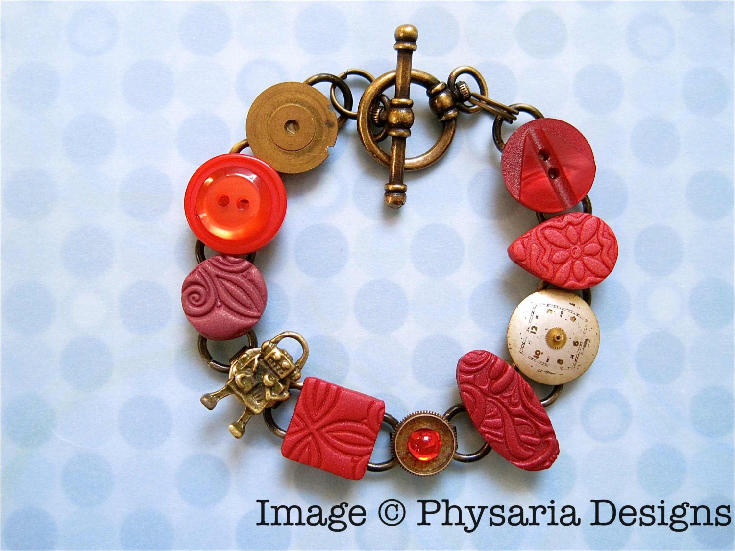 Bracelet Assemblage Repurposed Watch Parts Clay Tiles Sassy Simply Reds
