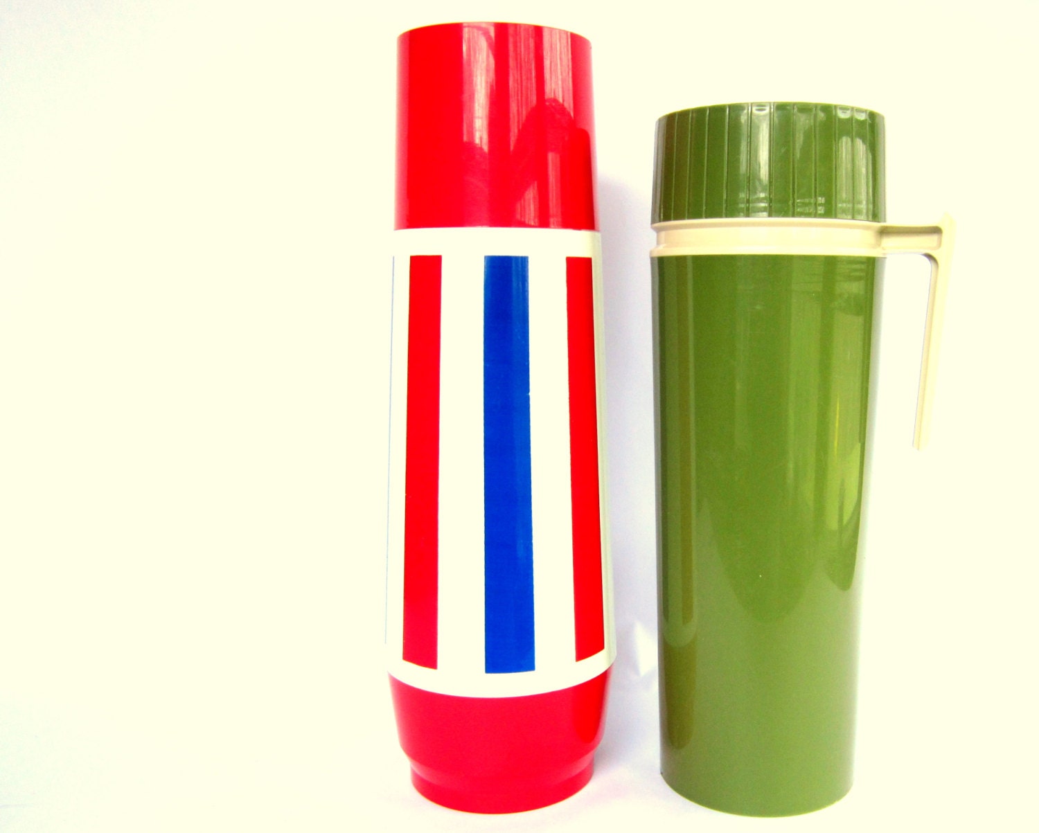 Vintage Thermos Instant Collection: Red White & Blue and Avocado Green Thermos Set, Thermo Serv