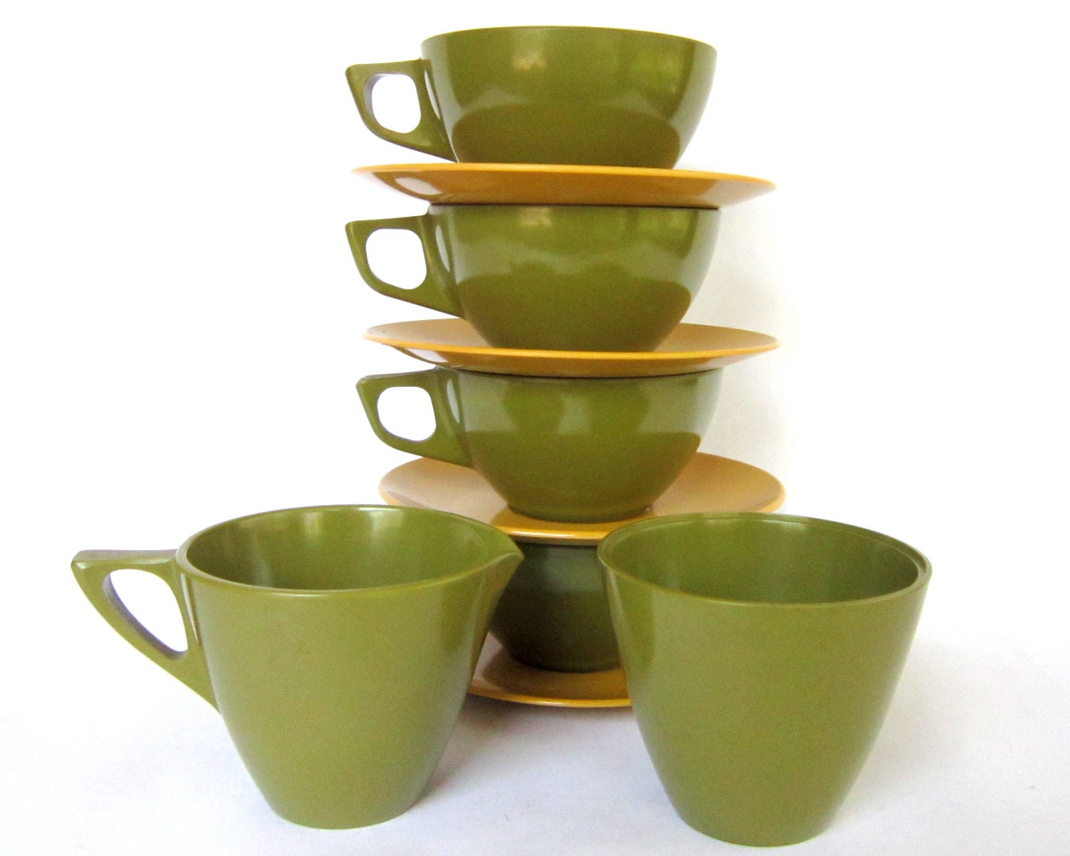 Vintage Olive Green / Mustard Yellow Melamine Cups, Saucers, Cream & Sugar Set, Allied Chemical 1960's Melmac Plastic Picnic Camping RV