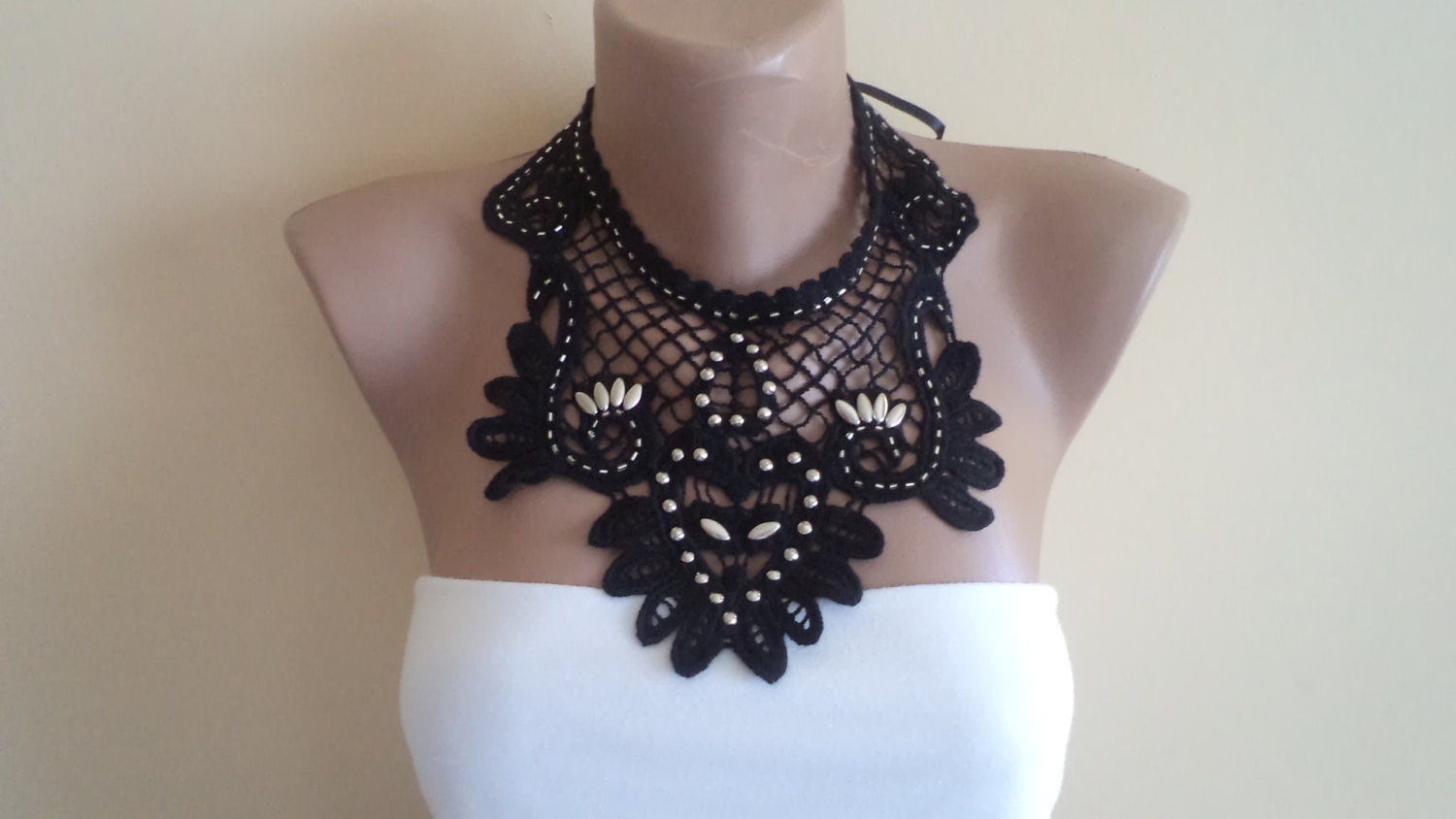 Peter Pan Collar, Black  beaded Collar, detachable collar necklace, Handmade Collar, lace collar, Women Accessories.