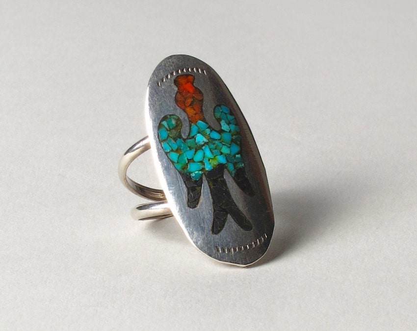 Sterling Silver Ring with Mosaic Inlaid Bird, womens vintage jewelry 1960s 1970s turquoise onyx coral