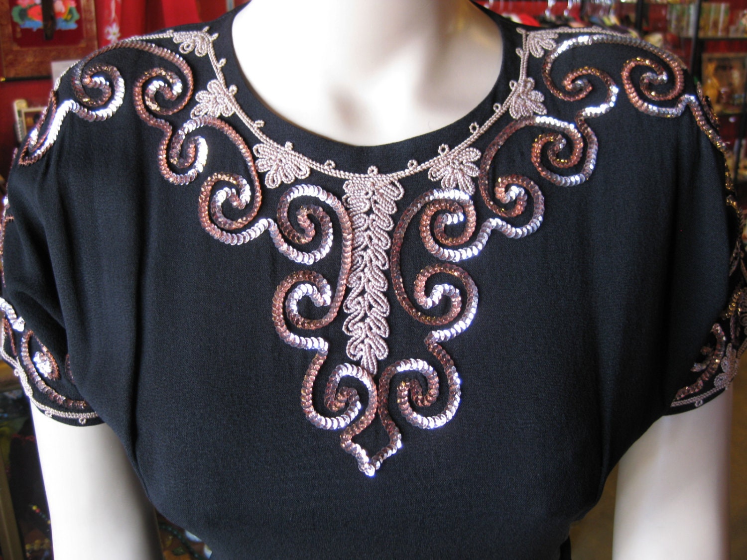 1940s Black Crepe Sequin & Soutache Peplum Dress