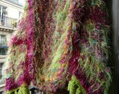 handknitted,crocheted,fairy,flowery,meadow shrug/bolero/vest/sweater/jacket,fuschia pink,bloomed,green,vegetal grass fur,OOAK,wearable art
