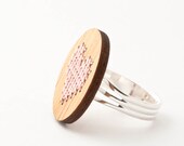 DIY Cross Stitch Jewelry Kit - Bamboo Adjustable Ring with Pale Pink Heart Design