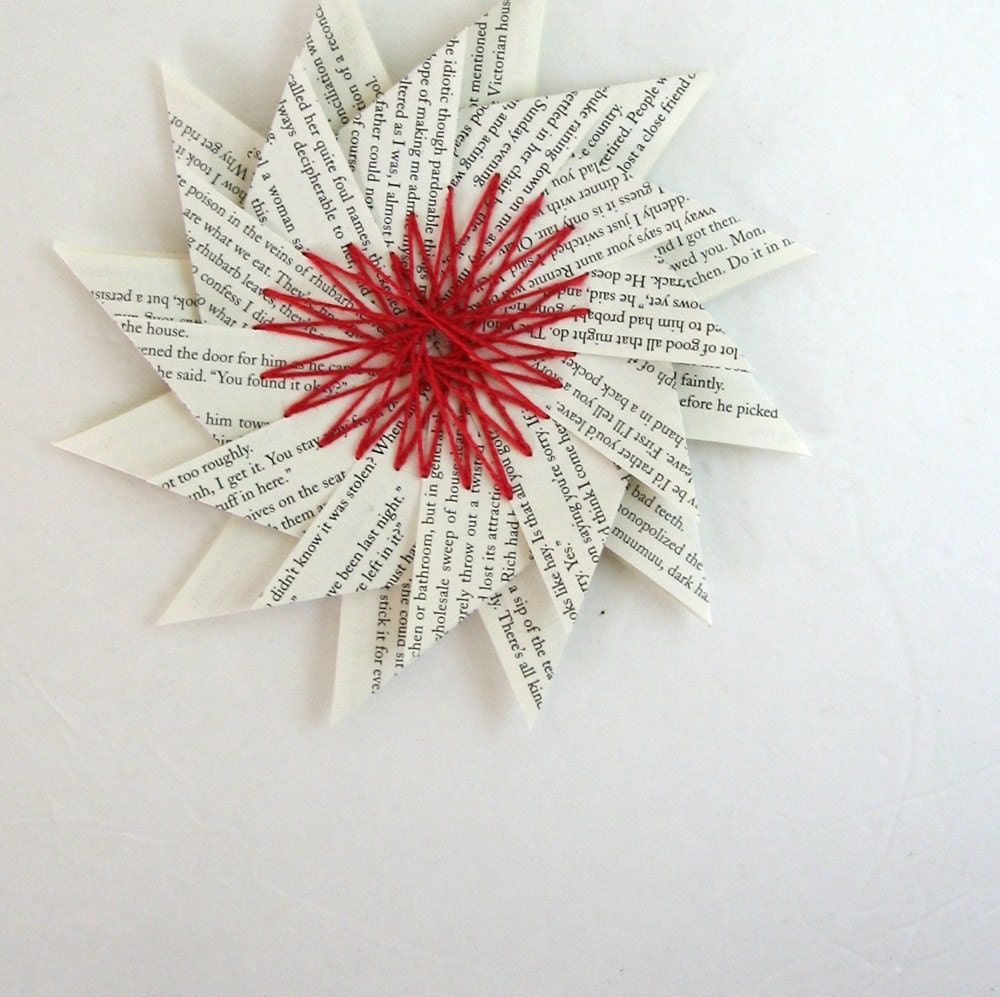 Large Paper Star Heart - Origami & String Art Ornament - Home Decor - Book Sculpture Black and White Red