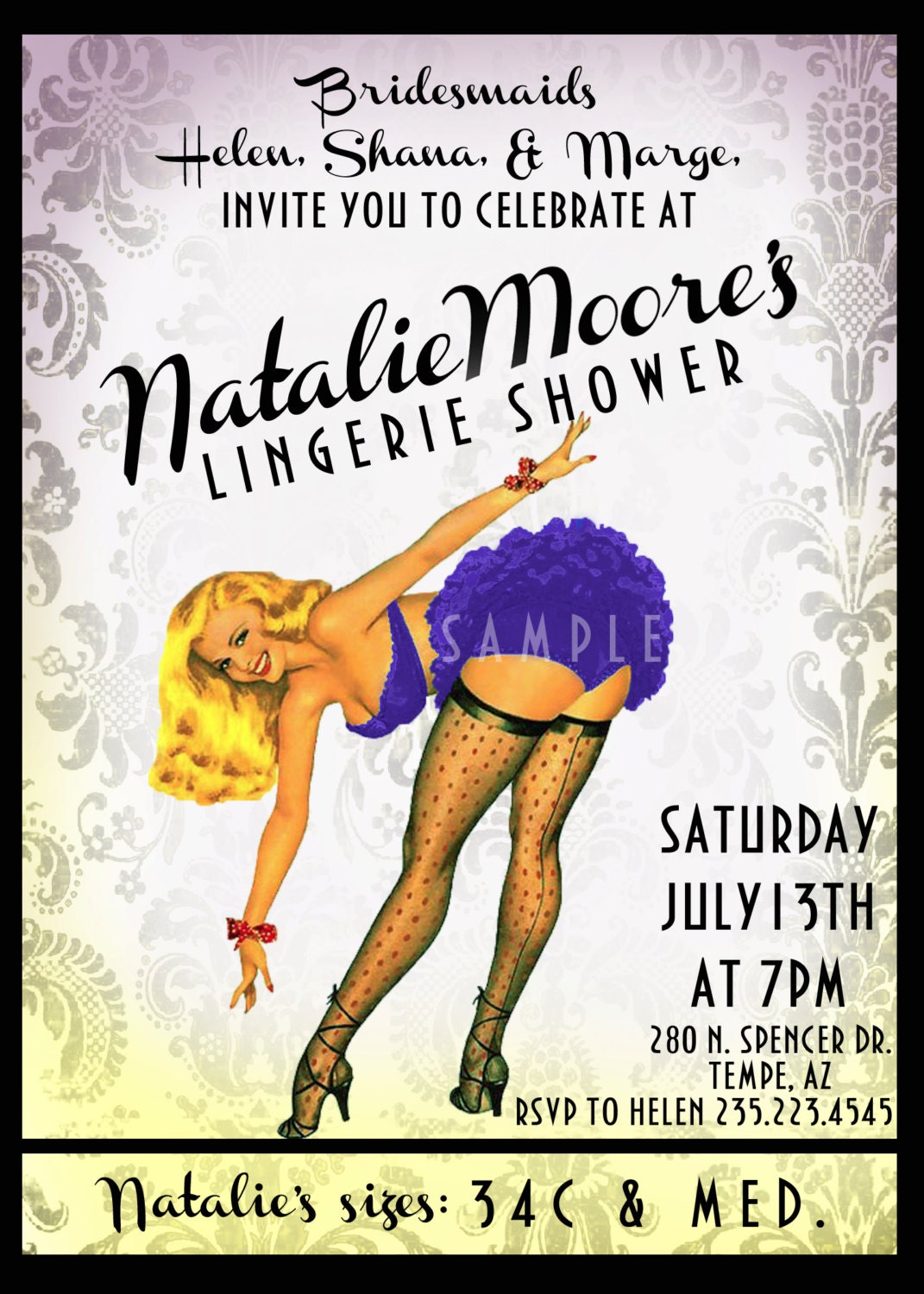 Vintage Pin Up Girl  Invitation- Bachelorette party, Hens night, Lingerie Shower burlesque invite diy print file PRINTED OPTIONAL