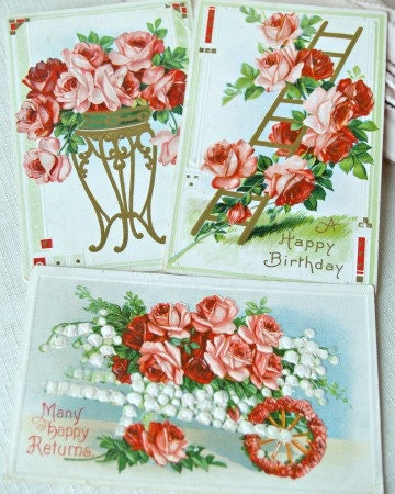 Early Antique Rose Postcard Greetings Victorian Pink Bouquet Paper Ephemera