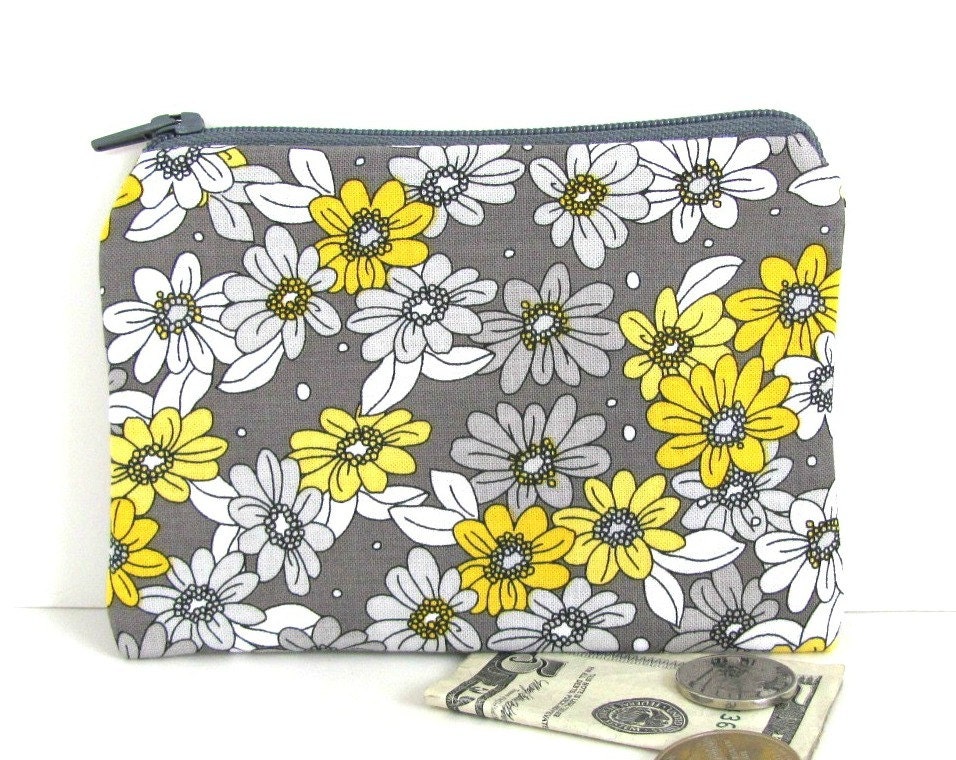 Coin Purse Grey and Buttercup Yellow Summer Flowers Woman's Zipper Wallet