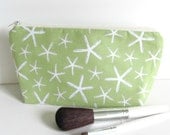 Cosmetic Makeup Bag - Starfish Zipper Pouch in Soft Green - Michael Miller Sea Star