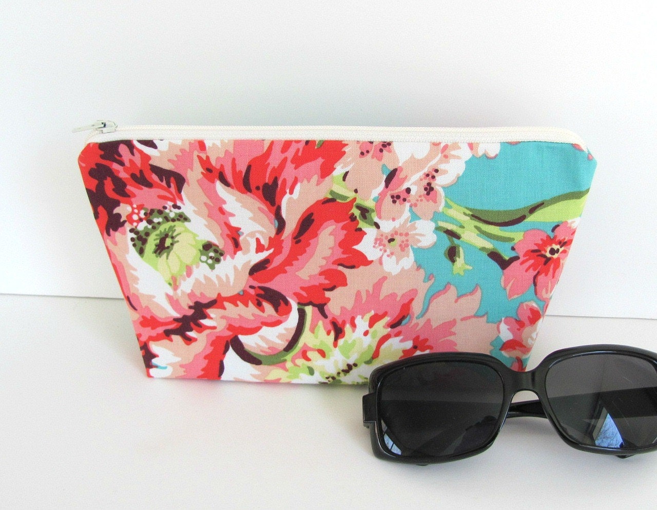 Makeup Bag - Amy Butler Cosmetic Bag in Teal Bliss Bouquet - Hot Pink Floral on Aqua Zipper Pouch