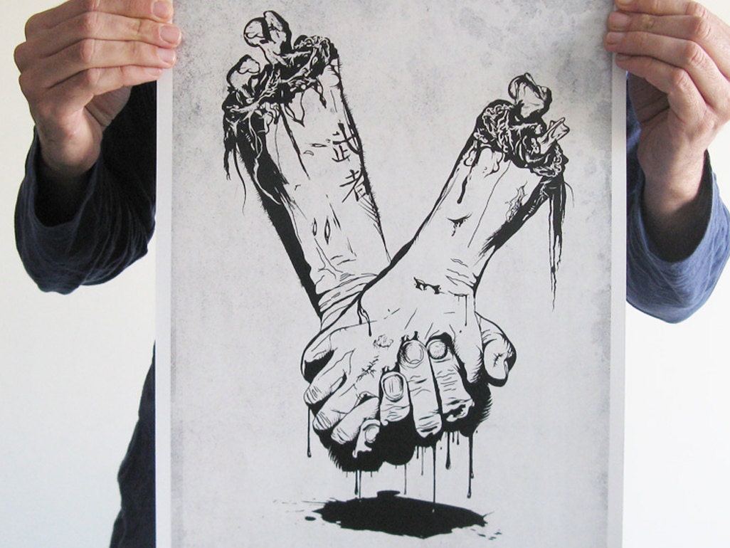 Original digital print zombie hands skull bone black white creepy horror blood goth art poster
