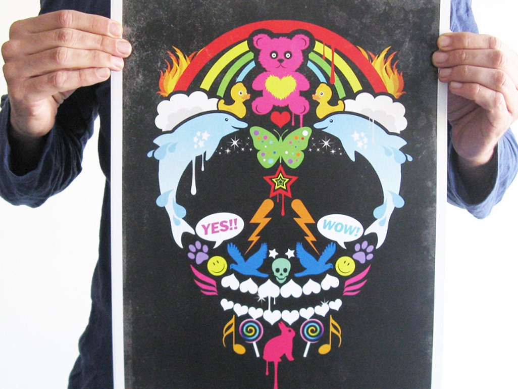 Digital print cute skull baby kid teddy bear heart rainbow horror gothic art poster stars butterfly
