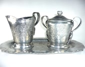 Vintage Hammered Aluminum Cream and Sugar Set with Tray