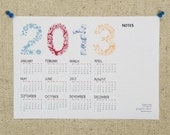 Printable calendar 2013 colourful typographic illustration with notes year planner A4 PDF file