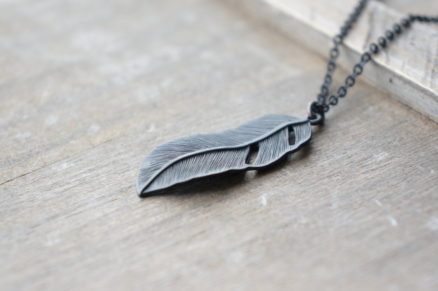 Long Feather Necklace / Black Feather Pendant on Long Black Chain