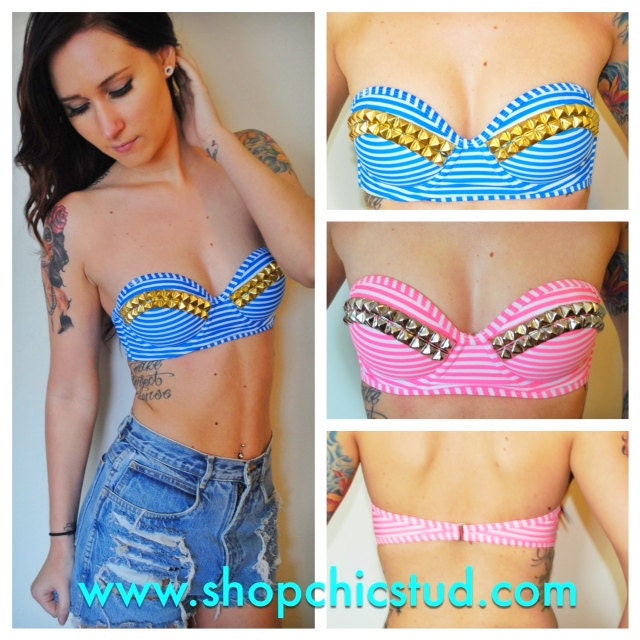 Studded Bikini Top - Swimwear - Blue or Pink Stripes - Gold, Silver, or Black Studs -