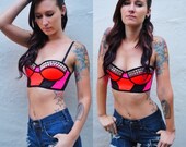 Studded Bustier Bra Top - Pink & Orange Color Block - Silver, Gold, or Black Studs