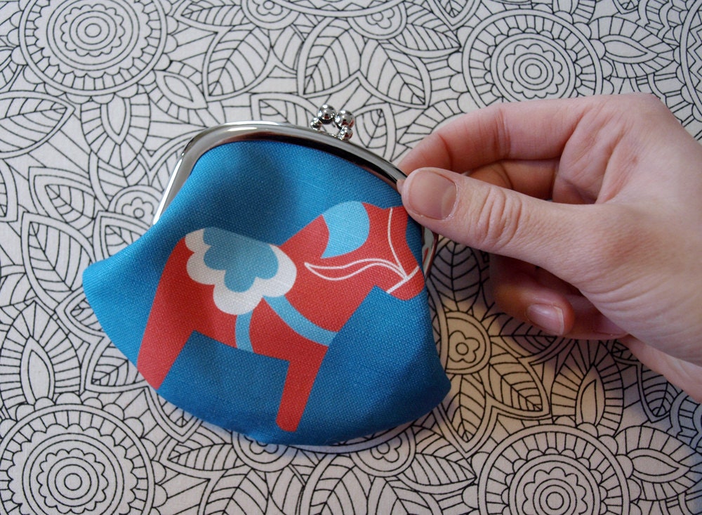 Red and Turquoise Dala Horse Coin Purse in Linen Cotton