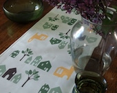 Moss Green, Yellow and Brown House Patterned Linen Table Runner with Trees