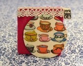 Fabric Vintange Teacups and Saucers Illustration Pocket Mirror