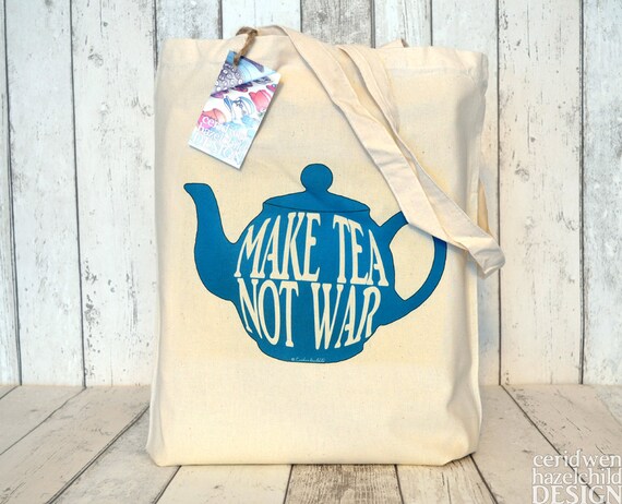 Make Tea Not War Blue Teapot Illustration Eco Cotton Tote Bag