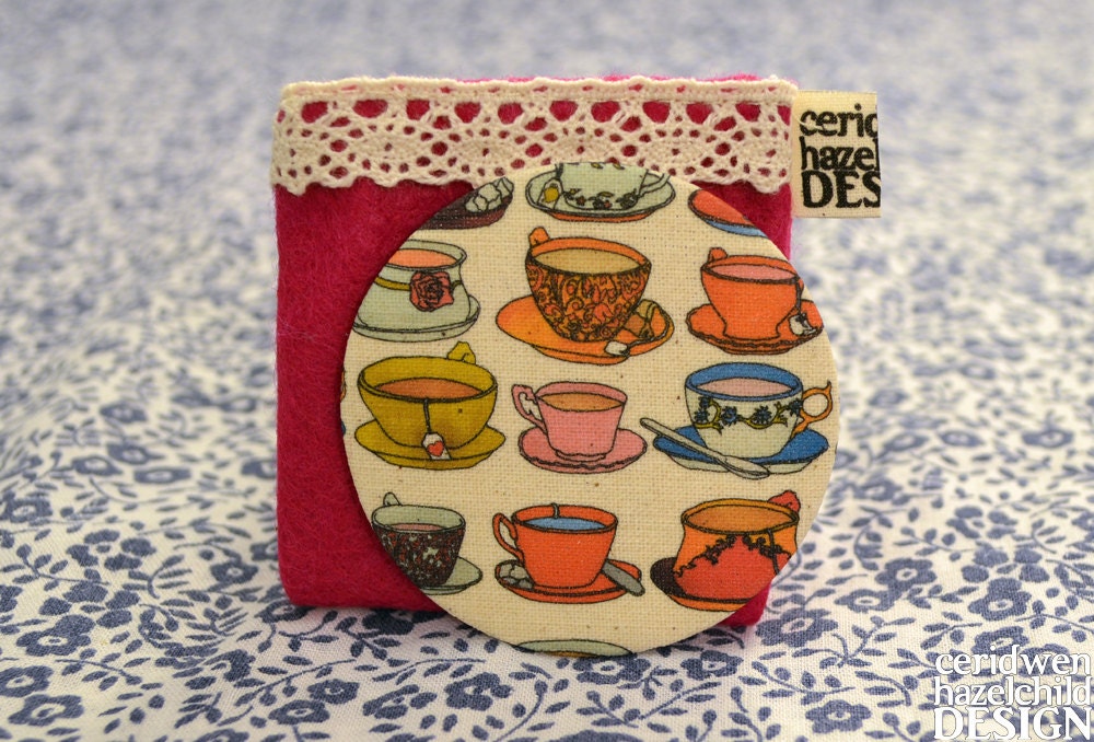 Fabric Vintange Teacups and Saucers Illustration Pocket Mirror