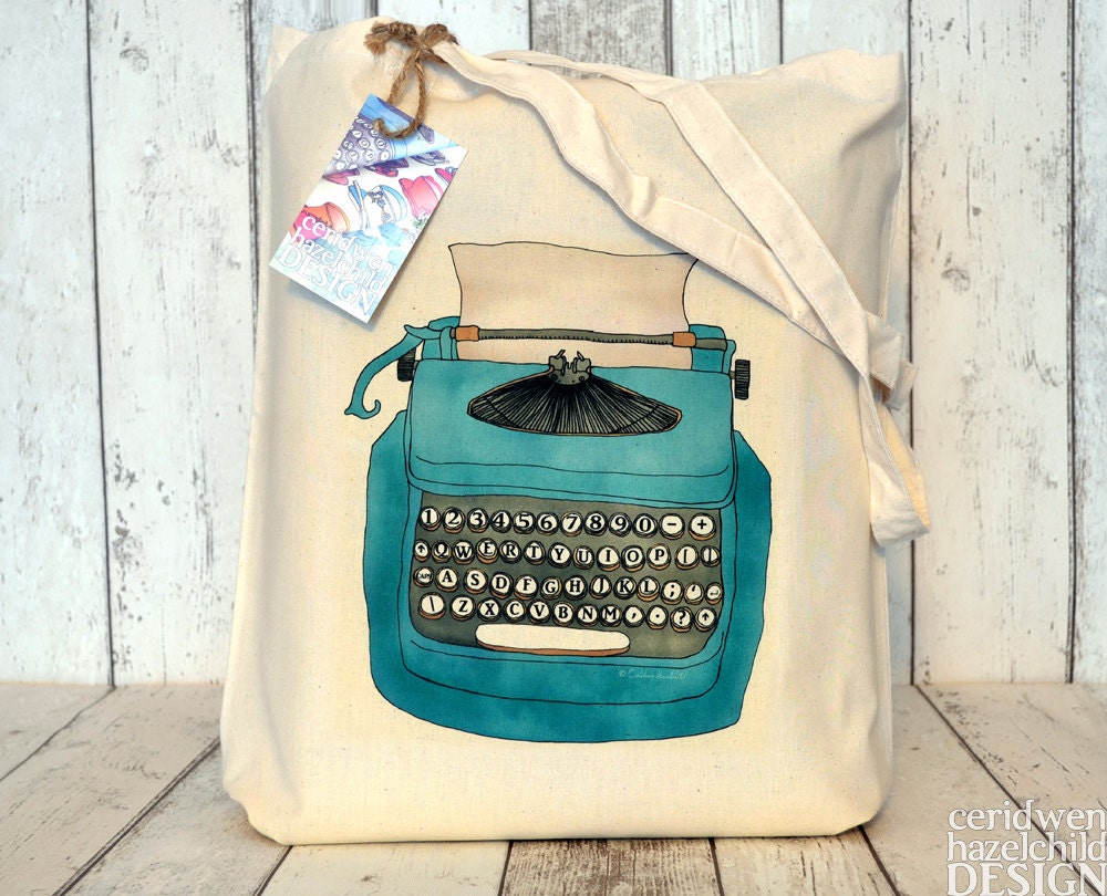 Blue Typewriter Illustration Eco Cotton Tote Bag