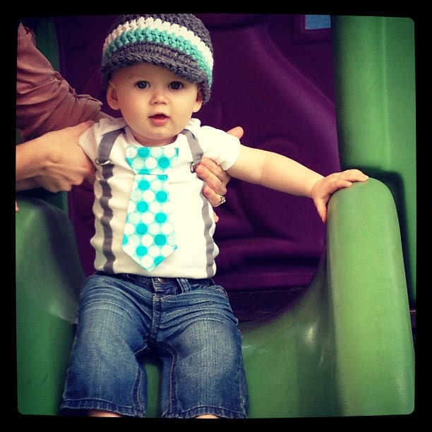 Get The Set - Blue and Grey Tie Boy Onesie with Suspenders and Crocheted Hat - or pick your own colors