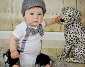 GET THE SET - Baby Boy Bowtie & Suspender Onesie with Newsboy Hat - Black and White Chevron Bowtie - Birthday, Baby Shower, Wedding