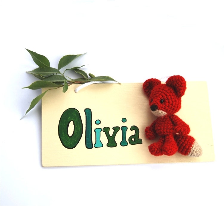 custom name sign FOX, personalized door name sign, green, children's room decor, nursery decoration, woodland door art, wooden door plaque