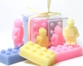 Lego Type Bricks and Mini Men - Kid Soap Party Favors -  8 Soap sets for party favors