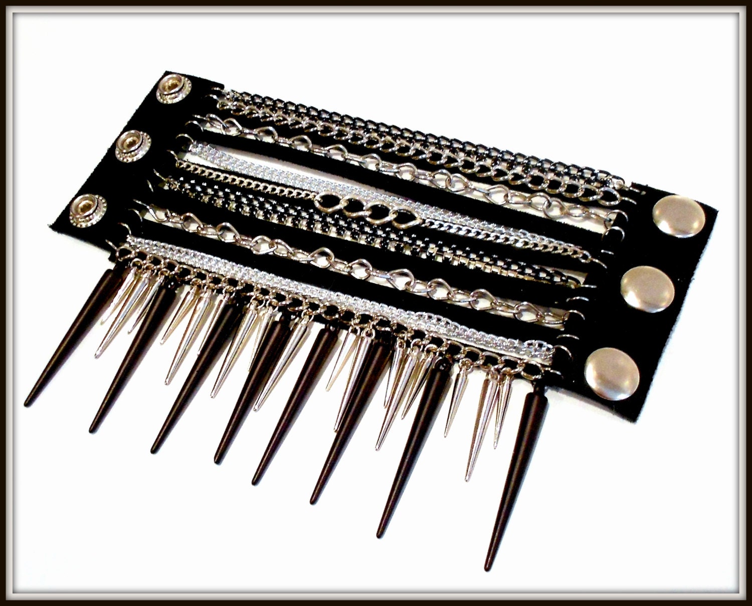 Black Leather Cuff with Spikes, Chain & Rhinestones