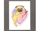 Puppy Love Cupid Card, Pug Valentine's Day Card, 5x7 Art Print