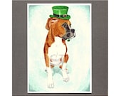 St Patricks Day Card Boxer Dog Puppy 5x7 Art Print Irish Leprechaun Hat