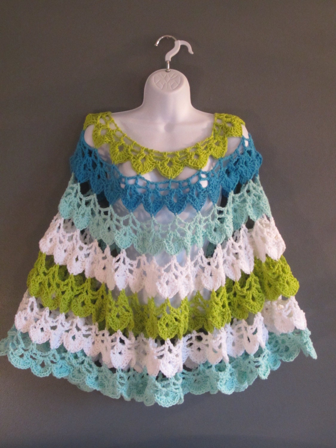 PONCHO/CAPE for Women in Aquas, white and lime. BEAUTIFUL, all cotton Swim Cover-up or Poncho.