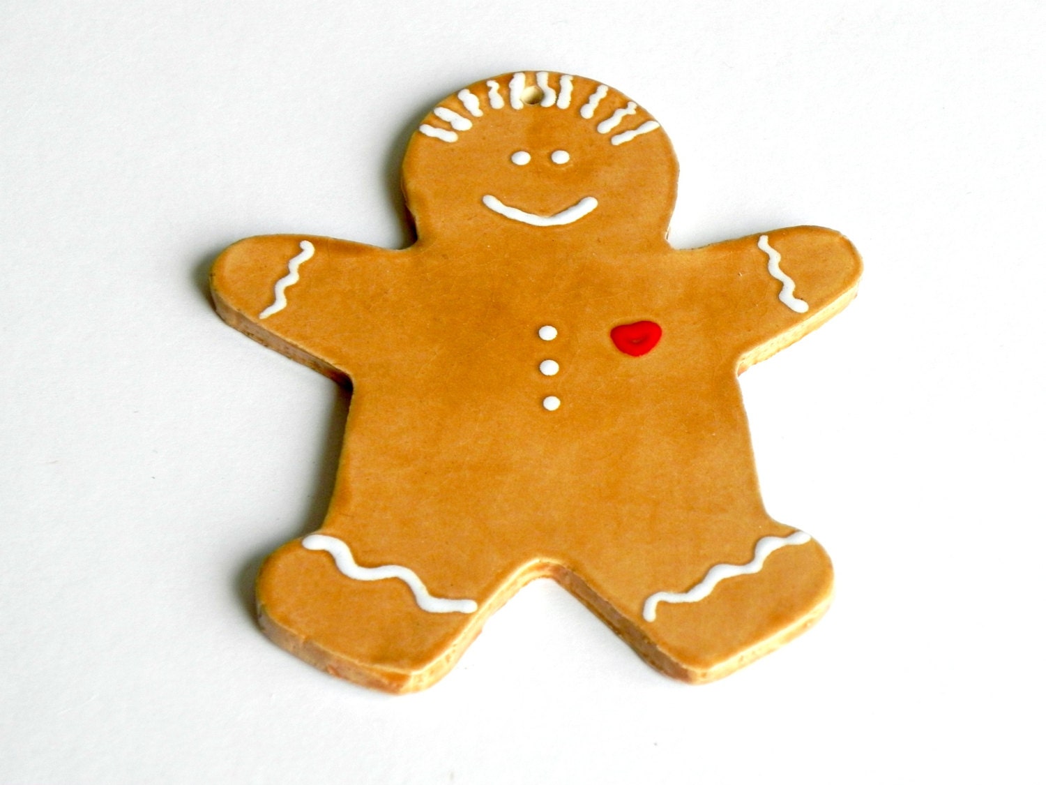 Gingerbread Man with Red Heart Christmas Ornament, Happy Face Pottery Decoration