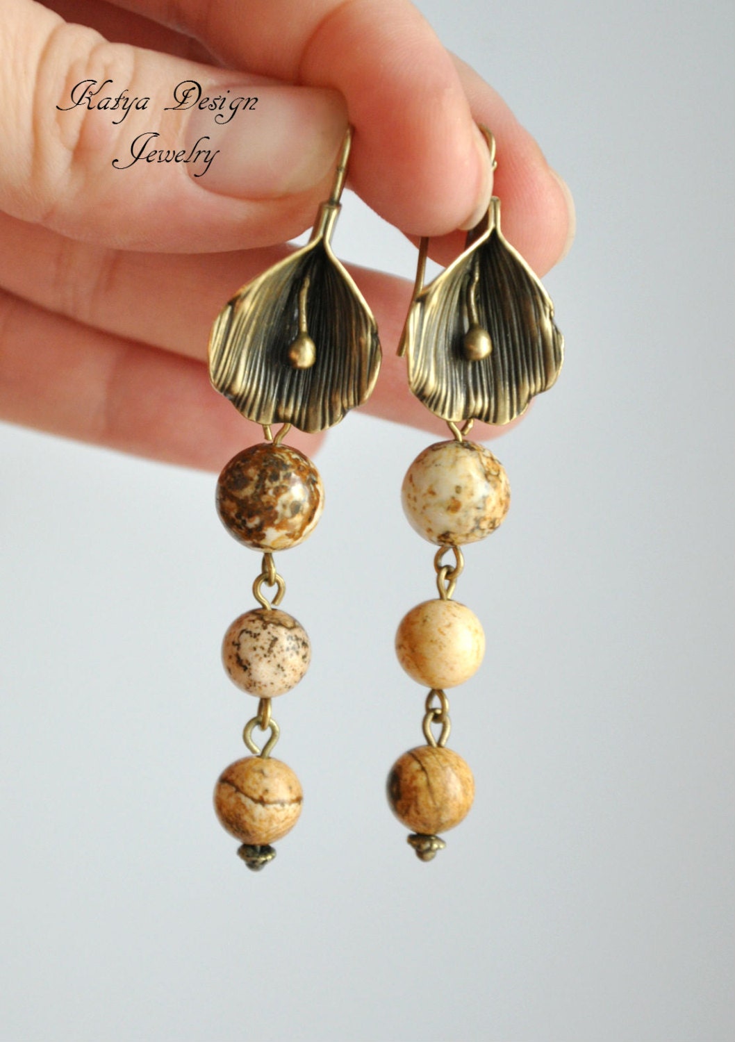 Earrings , Lily earwires hoooks,Antqiue Bronze,jasper beads