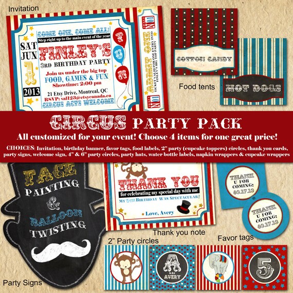 Circus Birthday Party Pack - Vintage Inspired / Retro Circus Carnival - Custom, Printable - Blackboard, Mustache - Choose 4 items Il_570xn