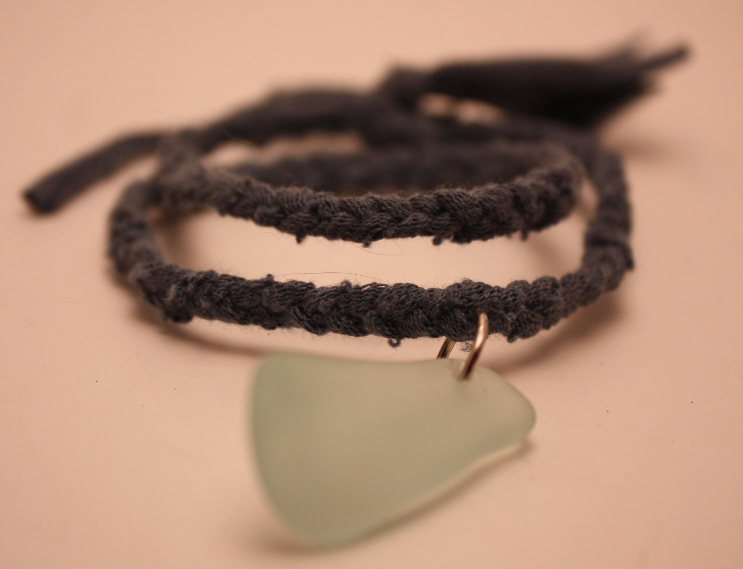 Handmade Upcycled/Recycled Stretch Cotton And Sea Glass Bracelet-Simple, Natural-Sea Glass Is Authentic From The New England Shoreline
