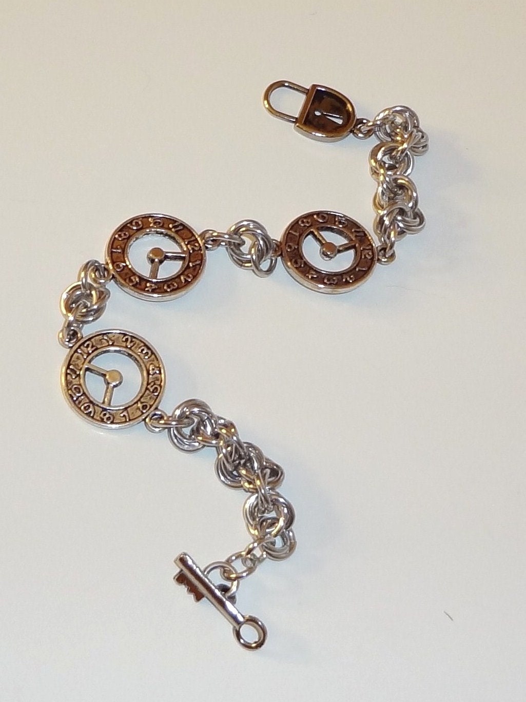 Steampunk Clock Charm Chainmaille Bracelet Handmade