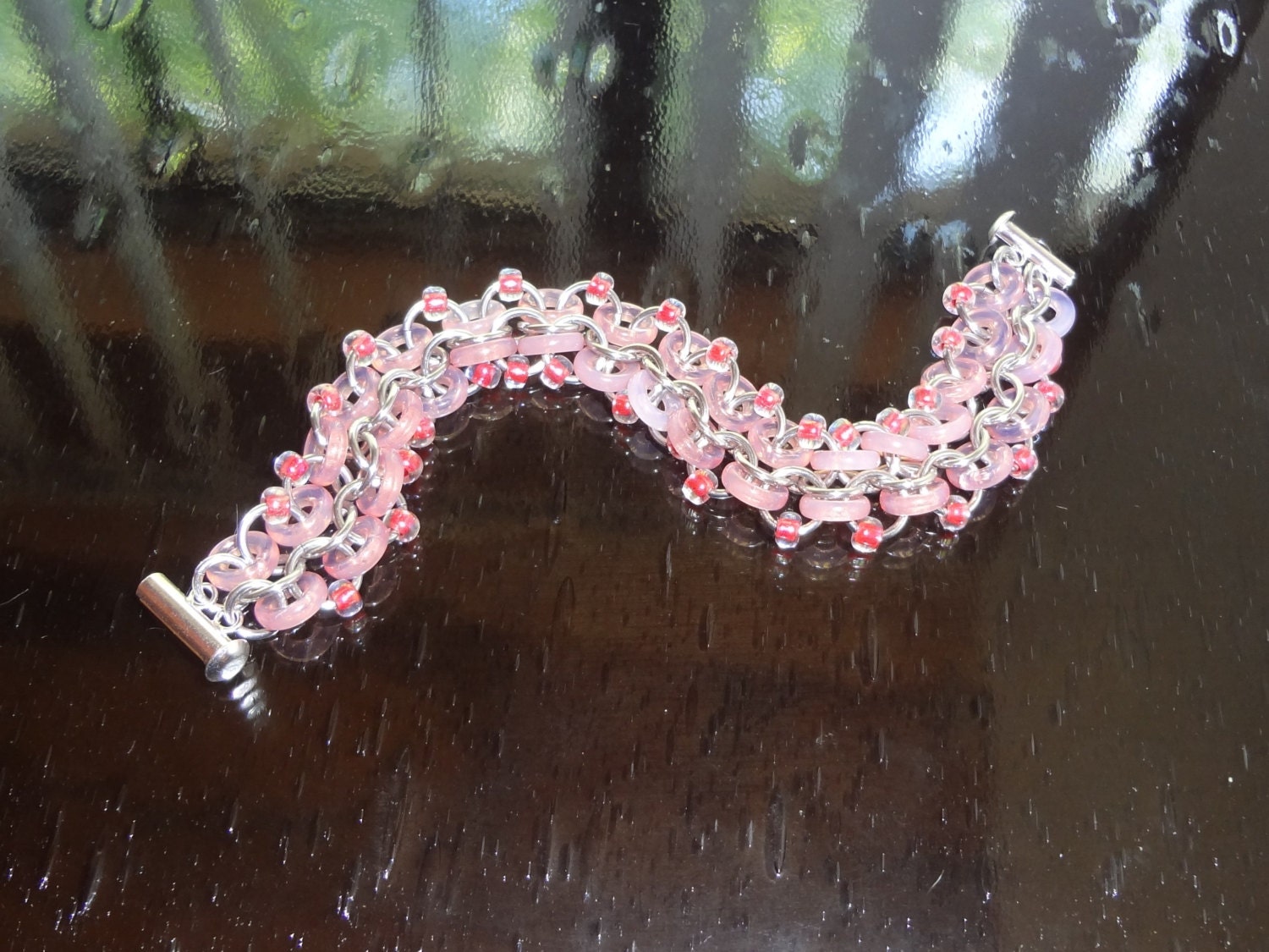 Pink Racing Stripes Glass Bead & Chainmaille Bracelet 7 inch