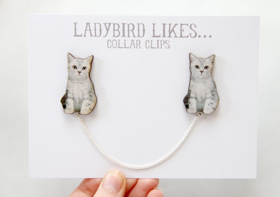 Grey Cat Wooden Collar Clips