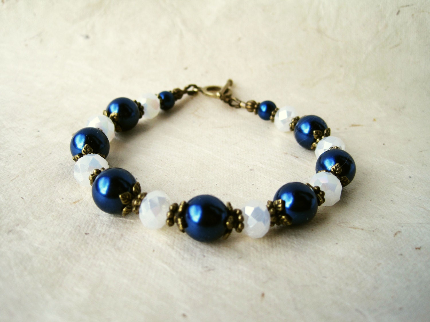 Navy Pearl Bracelet. White Crystal and Navy Blue Bracelet. Beaded Bracelet. Vintage Style Bracelet. Downton Abbey Jewelry.