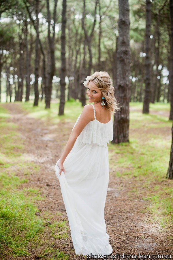 Floaty casual beach wedding dress silk & French lace Ivory bohemian vintage wedding dress