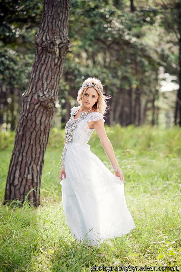 Capped sleeve white lave wedding dress