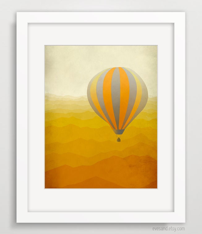 Hot Air Balloon Art Print, Nursery Decor, Children's Art, Whimsical Art - Orange and Gray