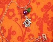 Handmade Cute Silver Plated Necklace with Little Silver Bird House and Purple and Green Theme