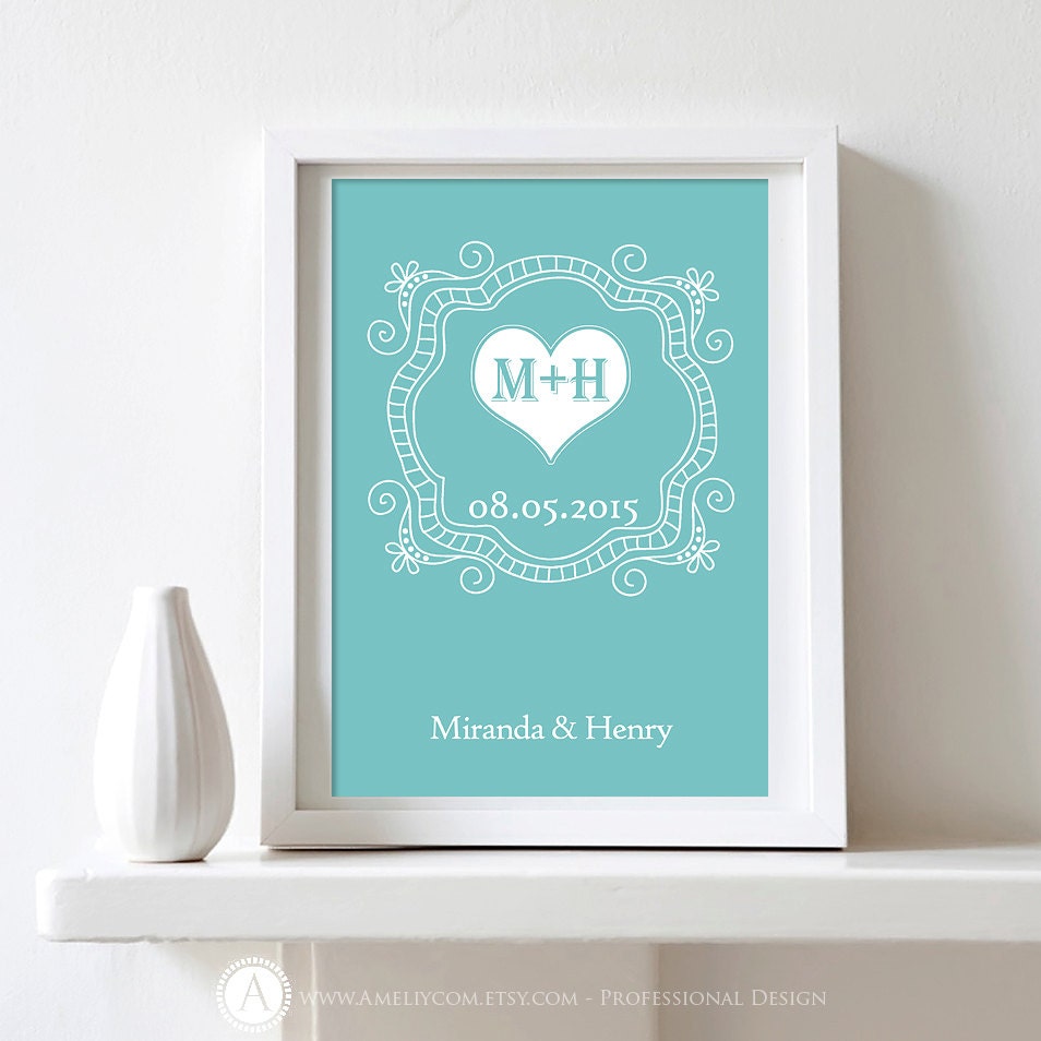 Wedding Monogram Initials Wall Decor Save the Date Personal Custom Sign blue turquoise  Art Print 8x10  Printable DIY for home printing